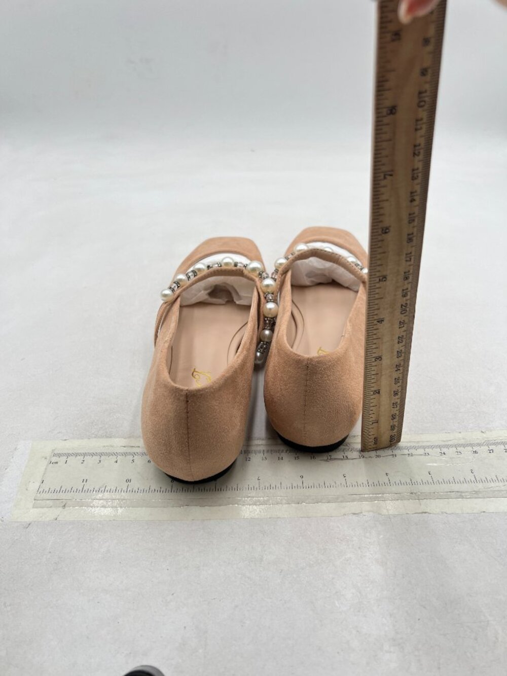 FOWT Nude Square Toe Slip on Flats Pearl Studded Strap Pumps Wedding Shoes - Picture 5 of 8